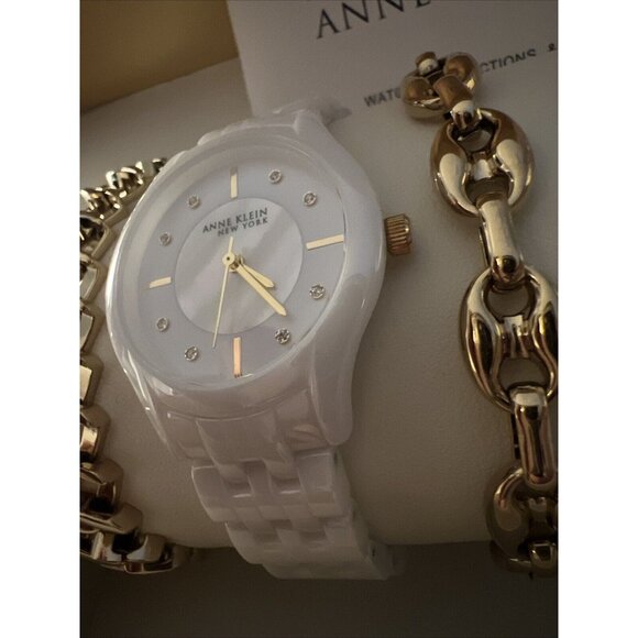 Anne Klein Ladies 12/7740WTST White Ceramic Watch w/ 2- Gold Tone SS Bracelets - Picture 2 of 5